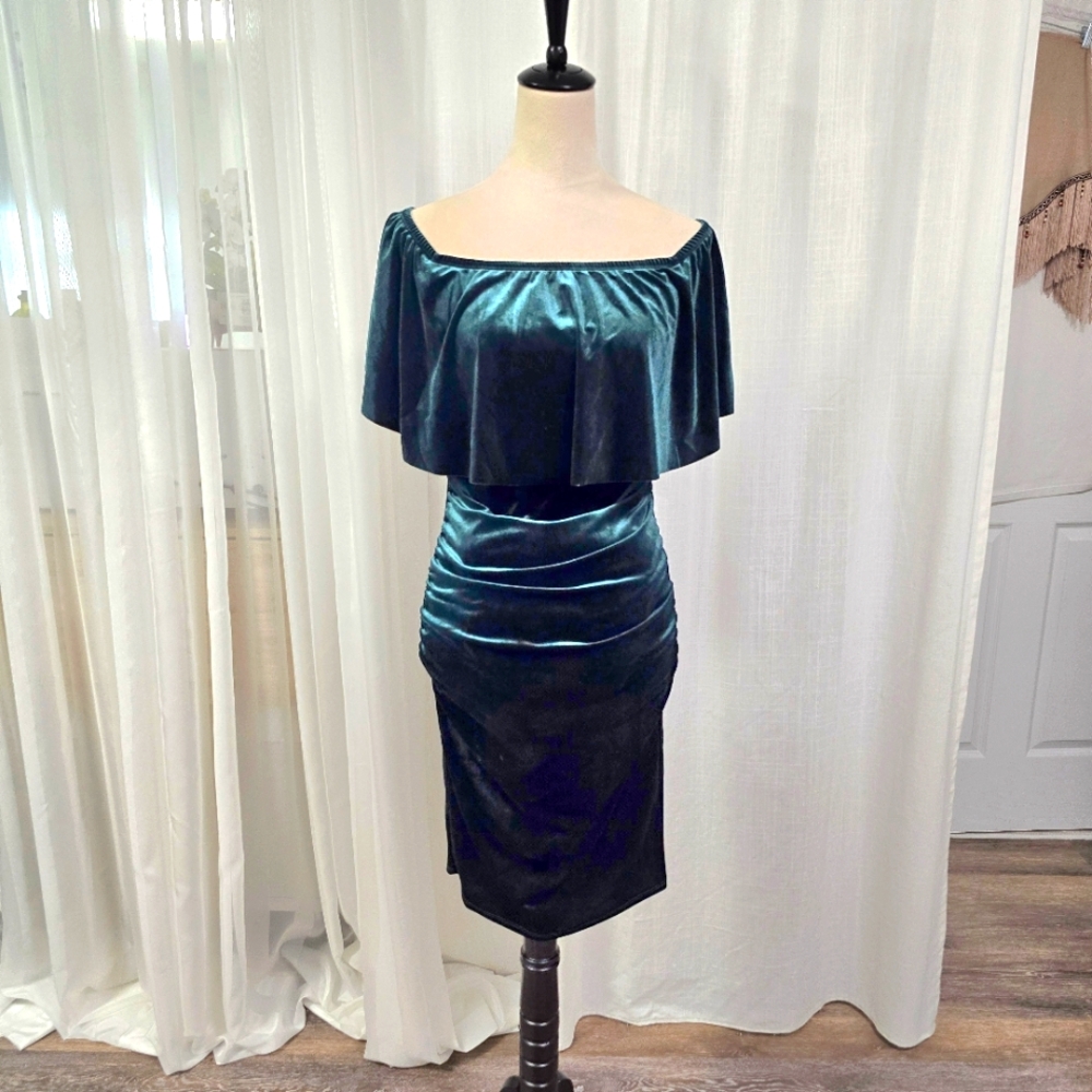 My Bump Emerald Green Velvet Maternity Midi Off Shoulder Dress Size S Ruffle